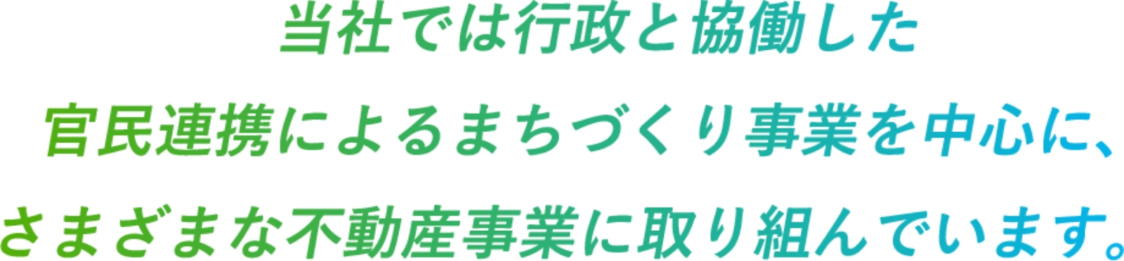 当社では行政と協働した官民連携によるまちづくり事業を中心に、さまざまな不動産事業に取り組んでいます。